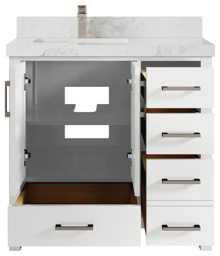 Malibu 36 Left Offset Bath Vanity in White  2" Calacatta Nuvo