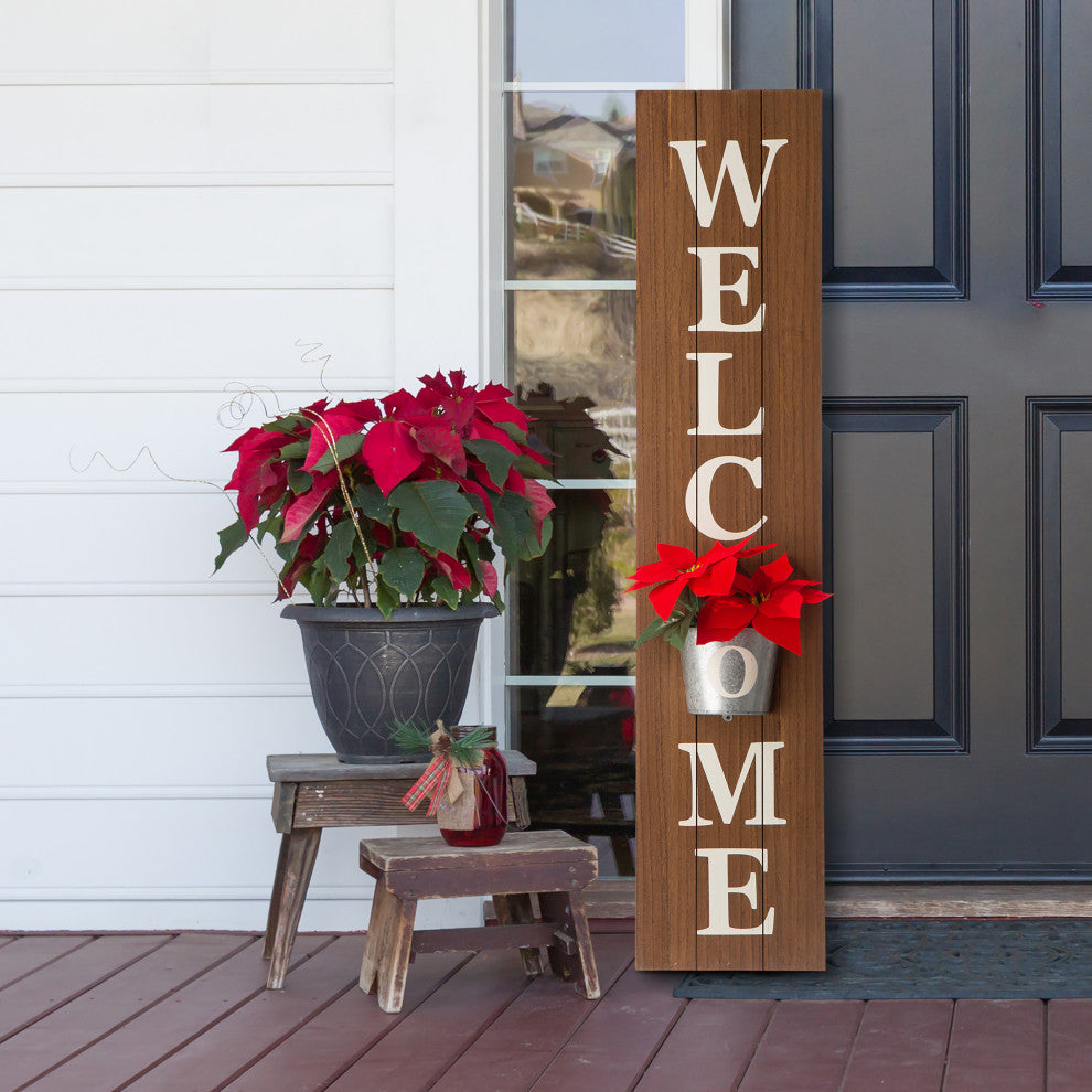 42" Wooden WELCOME Porch Sign With Metal Planter, Natural