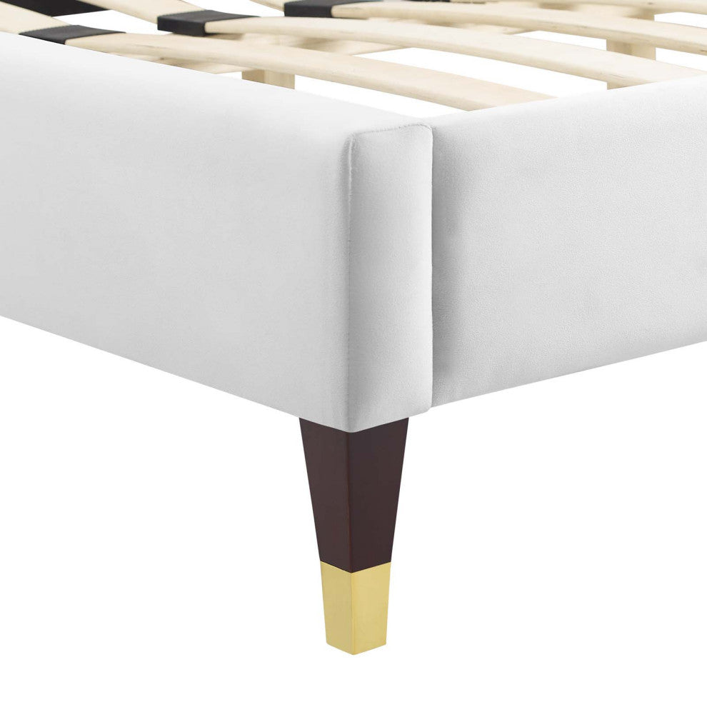 Tufted Platform Bed Frame, Twin Size, Velvet, White, Modern Contemporary