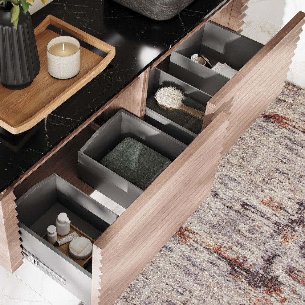 The Accordion Bathroom Vanity, Chestnut Oak, 60", Right Single Sink, Wall Mounted