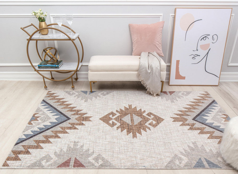Jade Tapestry Beige Moroccan Tribal Tan Recycled Area Rug, 2'6" X 4'