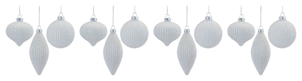 Glitter Ribbed Glass Ornament, 12-Piece Set