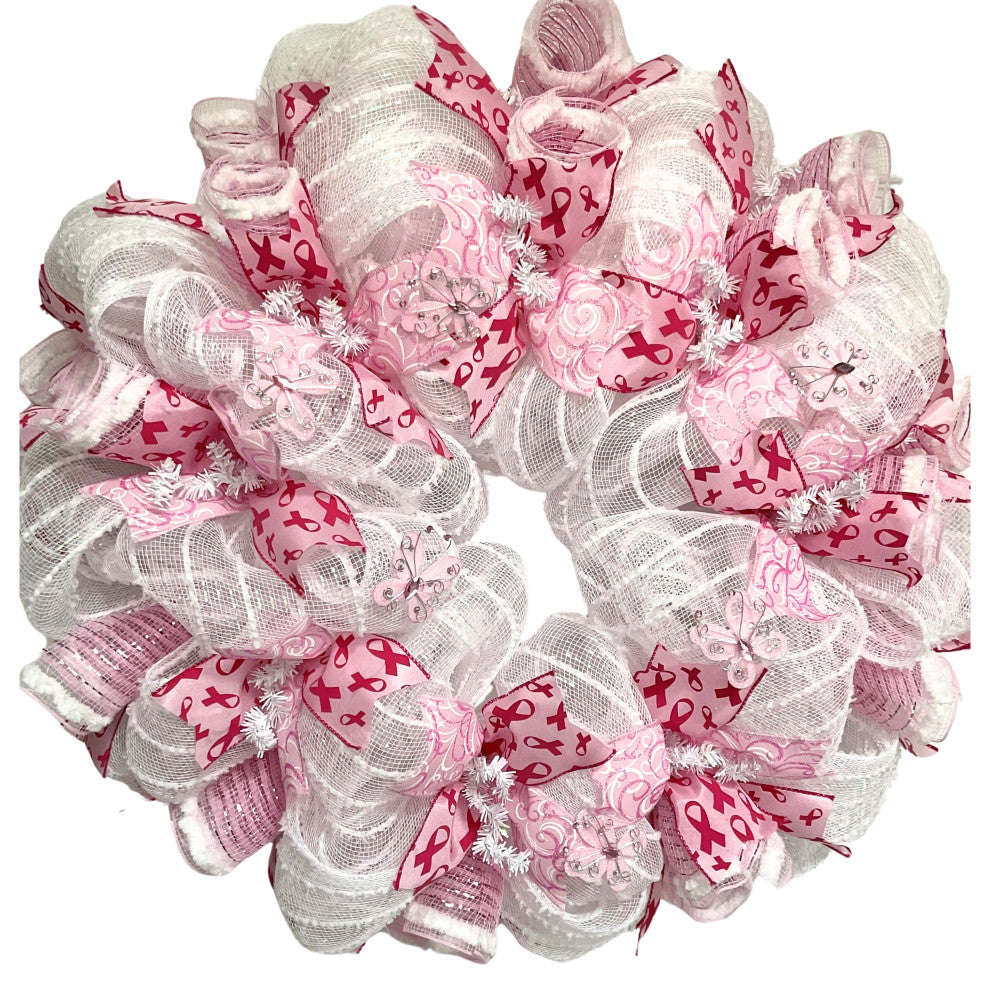 Breast Cancer Awareness Handmade Ribbon Wreath Deco Mesh