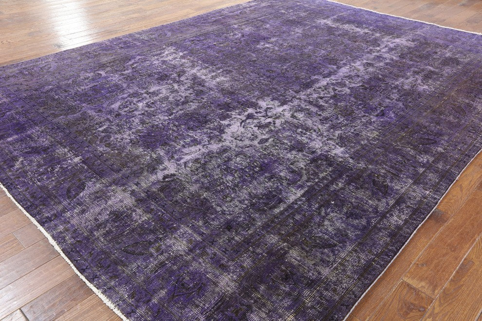 Unique Purple Overdyed Floral 10'x13' Oriental Hand Knotted Wool Area Rug