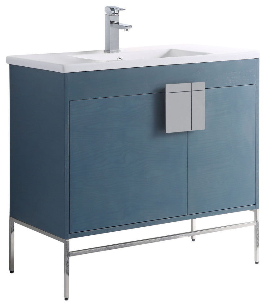 Modern Blue Bathroom Vanity Set, Chrome Hardware, Vireous China Sink Top