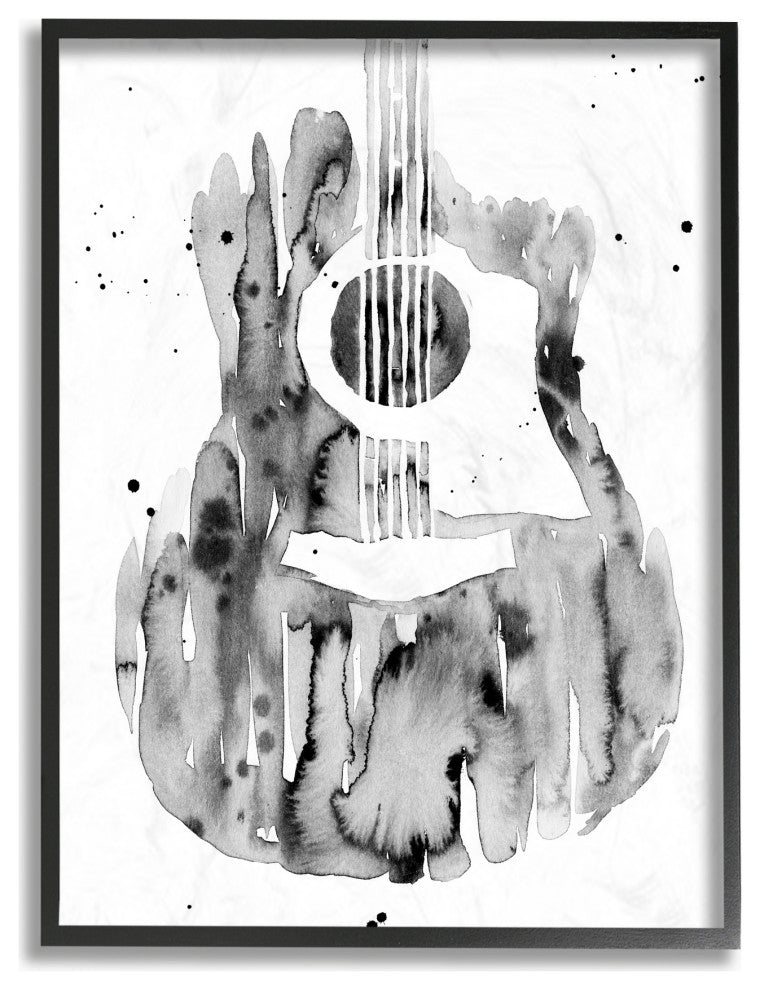Abstract Guitar Watercolor Pattern Painting, 11"x14", Black Frame