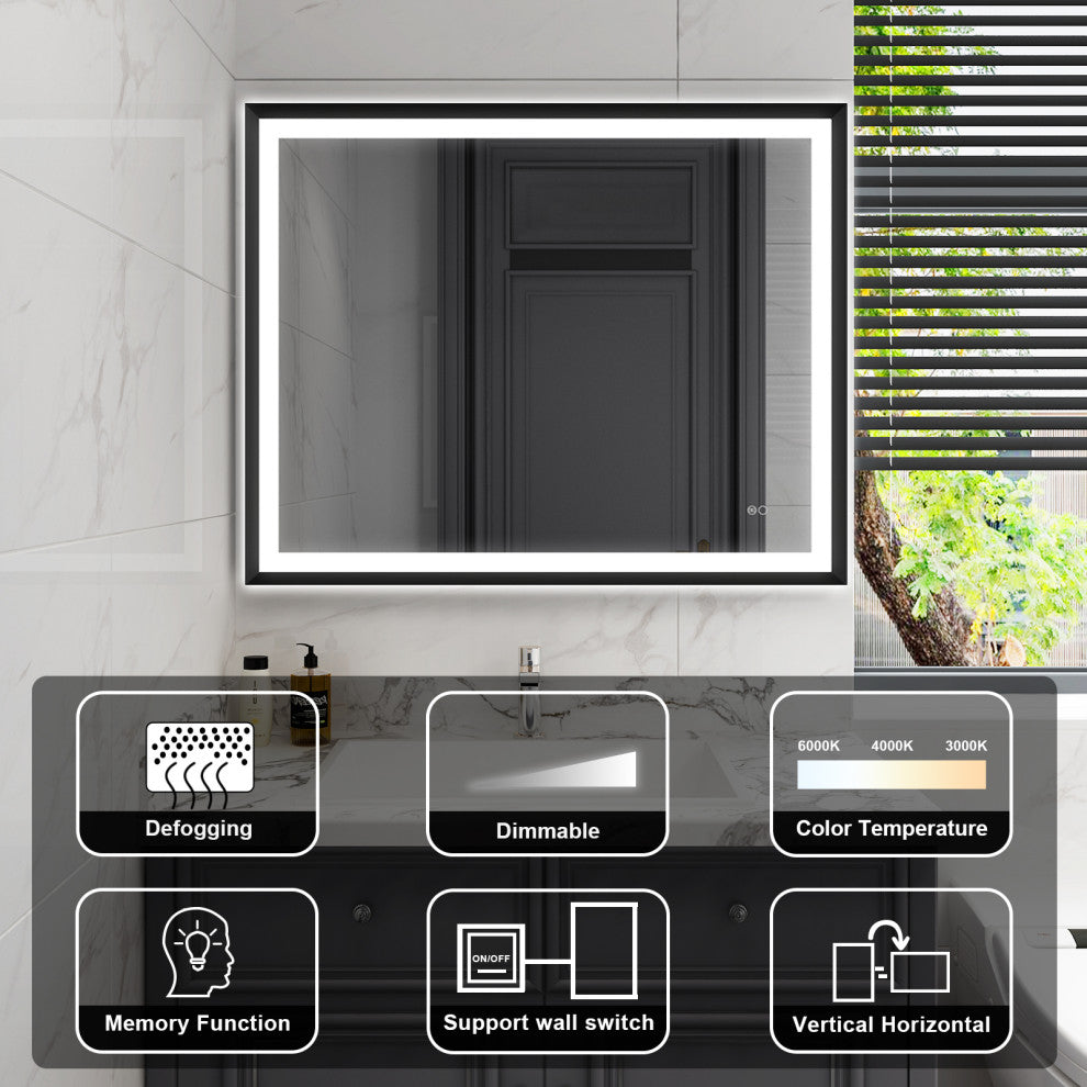 Beveled Bathroom LED Mirror Framed, Backlit and Front Light, Matte Black, 40"x32"
