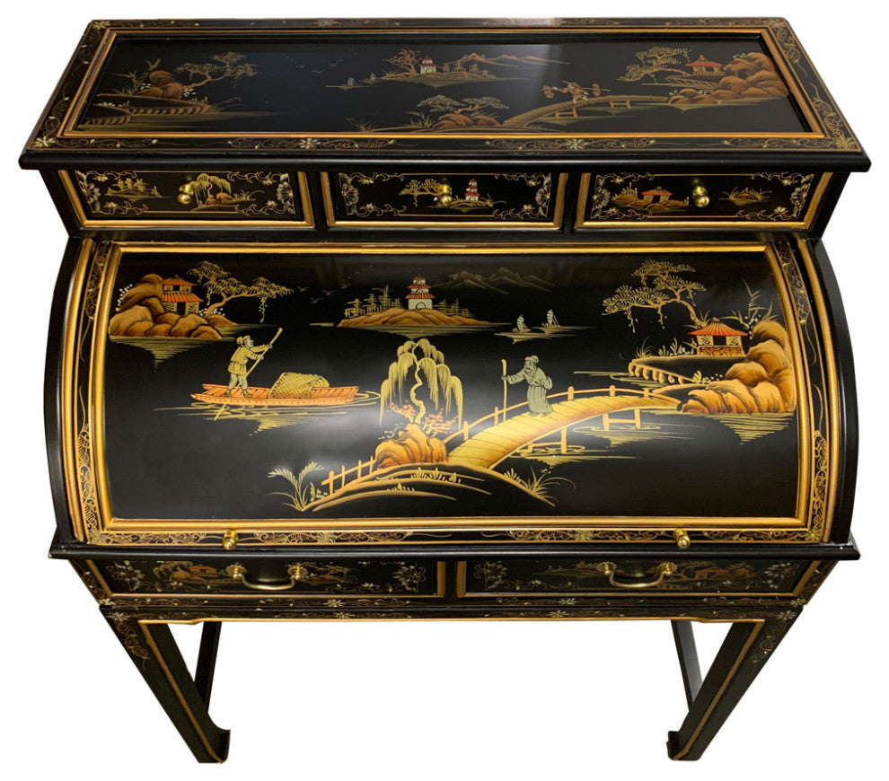 37" Wide Shiny Black Oriental Lacquerware Roll Top Desk