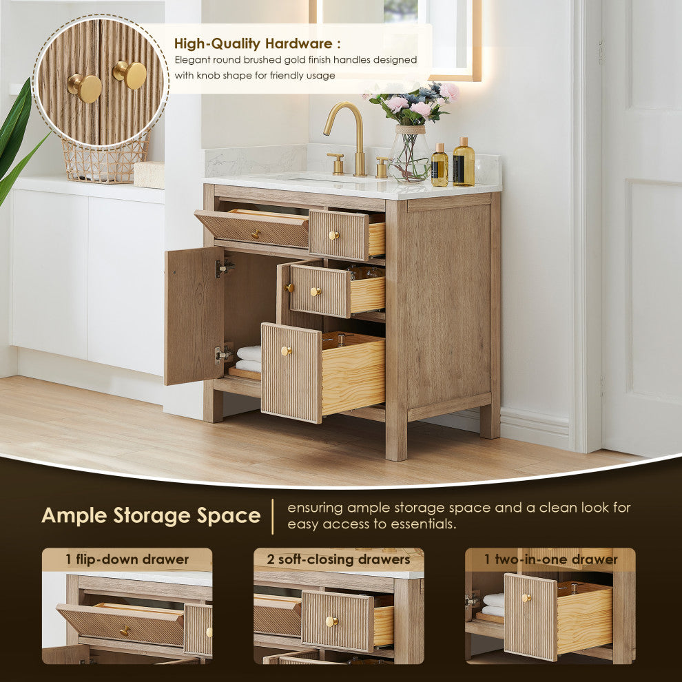 Cerrito Bathroom Vanity, Natural Oak, 36" Single, Without Mirror