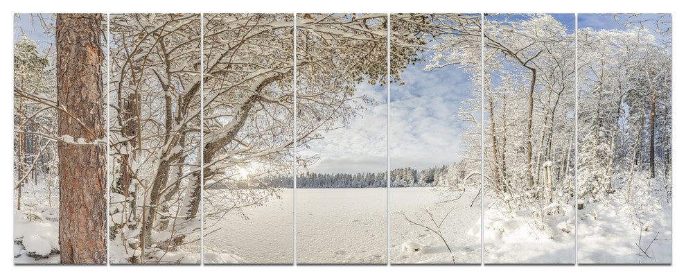 Lake in Winter Woods, Landscape Canvas Art Print, 83"x32", 7 Panels
