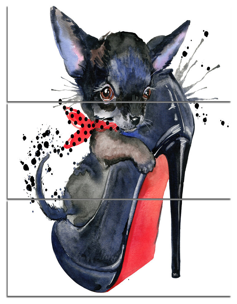 Cute Dog over Large Heeled Shoe, Animal Canvas Wall Art, 28x36, 3 Panels