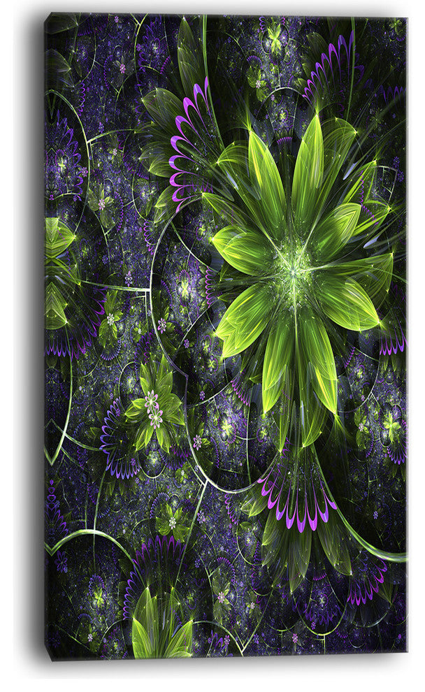 "Glossy Green Purple Fractal Flowers" Floral Wall Art Canvas, 20"x40"