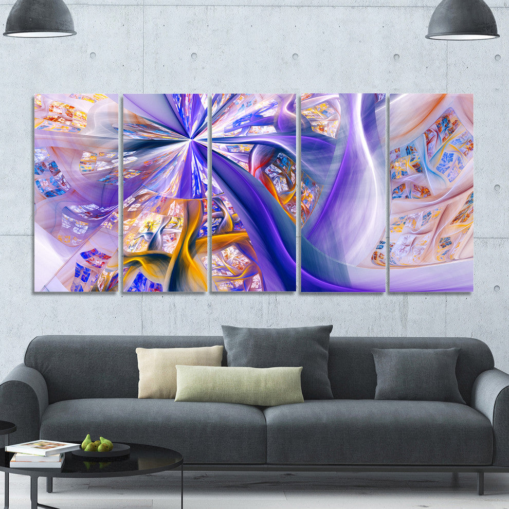 Purple Yellow Fractal Curves, Abstract Wall Art, 60"x28", 5 Panels