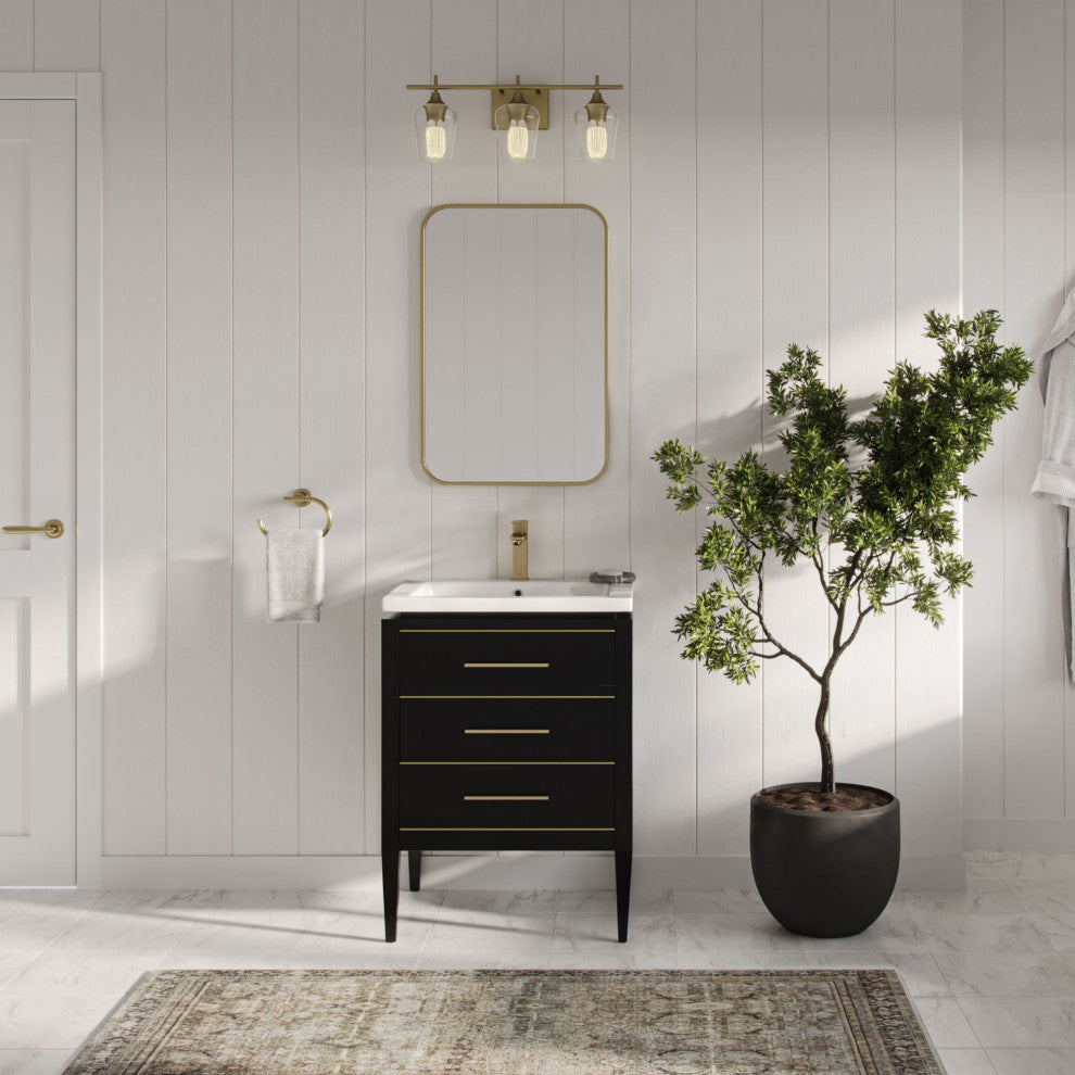 Celios Bathroom Vanity, Black with Brass Trim, 24", Single Sink, Freestanding