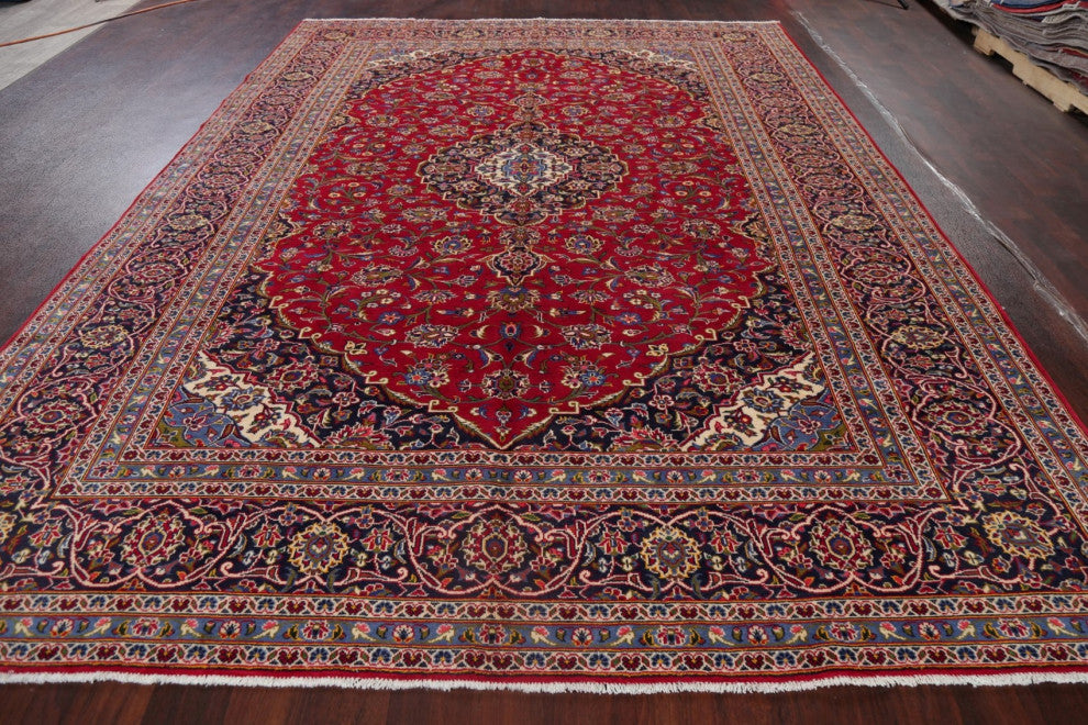 Consigned, Kashan Hand-Knotted Oriental Traditional Persian Area Rug, Red, 8x12