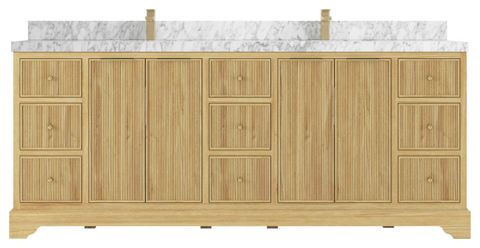 Austin 84 Double Sink Bath Vanity in Light Natural Teak 2" Carrara Marble