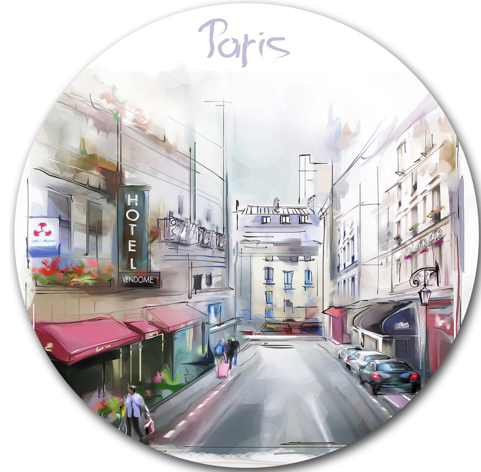 Paris Illustration, Cityscape Digital Large Disc Metal Wall Art, 36"