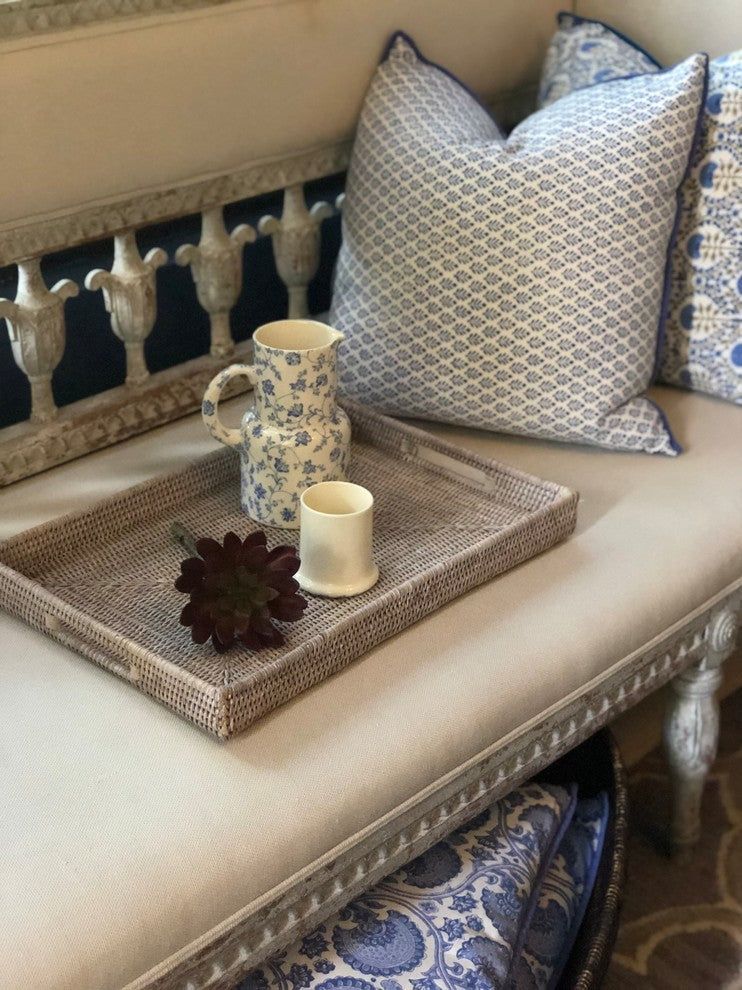 Artifacts Rattan Rectangular Tray With Cutout Handles, White Wash