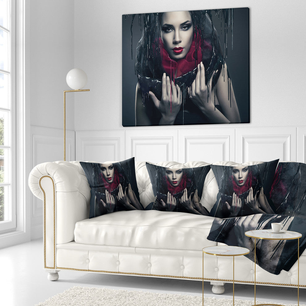Passionate Woman in Black Portrait Throw Pillow, 16"x16"