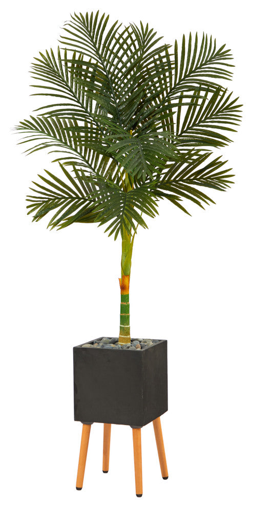 6'' Golden Cane Artificial Palm Tree, Black Planter With Stand