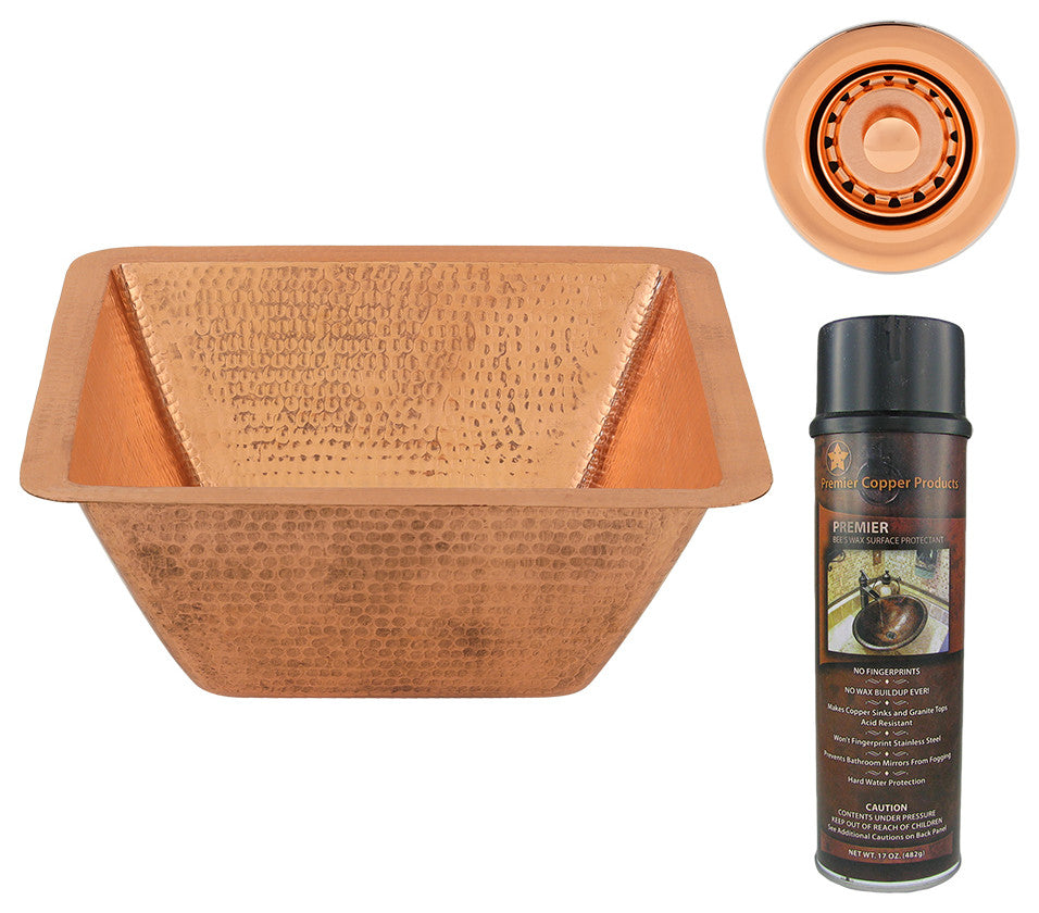 15" Square Hammered Copper Bar/Prep Sink, 2" Drain Opening, Polished Copper
