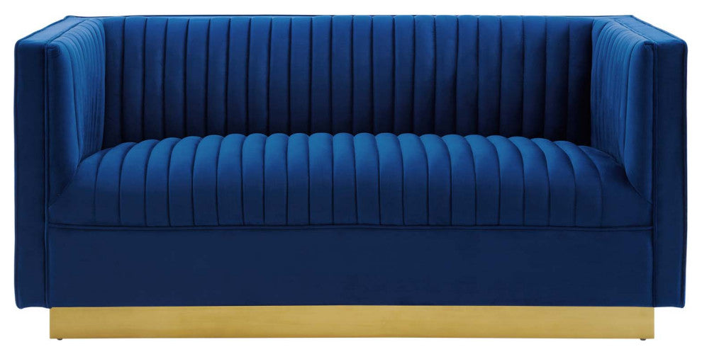 Tufted Loveseat Sofa, Velvet, Blue Navy, Modern, Living Lounge Hotel Hospitality