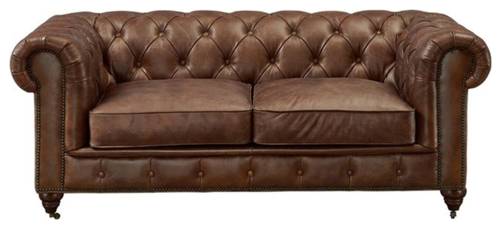 Century Top Grain Leather Chesterfield Love Seat, Bark Brown Leather