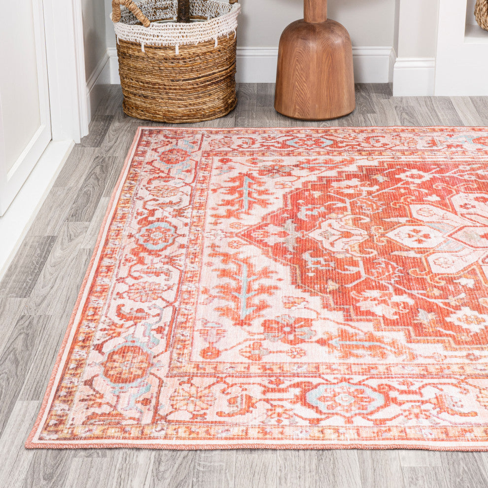 Asa Ornate Medallion Machine Washable Indoor Area Rug, Orange/Cream, 3 X 5