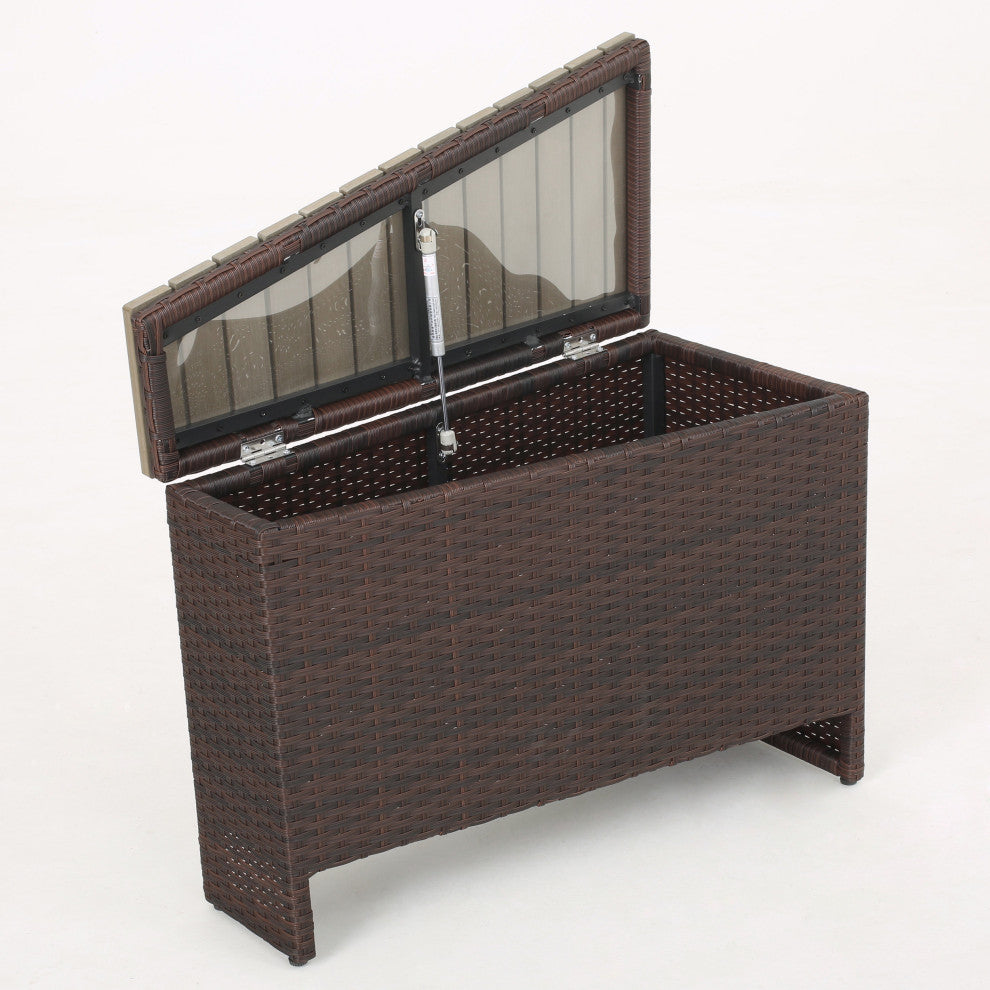 Mia Outdoor 4-Seater Wicker Curved Sectional Set With Wedge Tables, Navy, Ice Bucket Ottoman