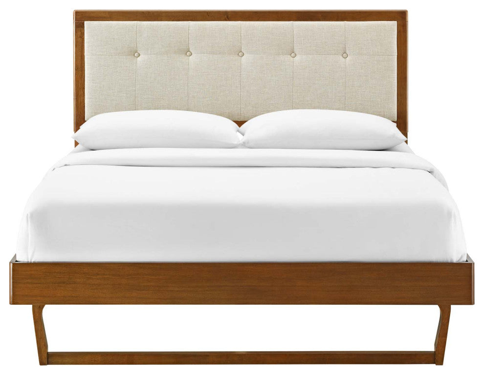 Platform Bed Frame, King Size, Wood, Brown Walnut Beige, Modern Mid-Century