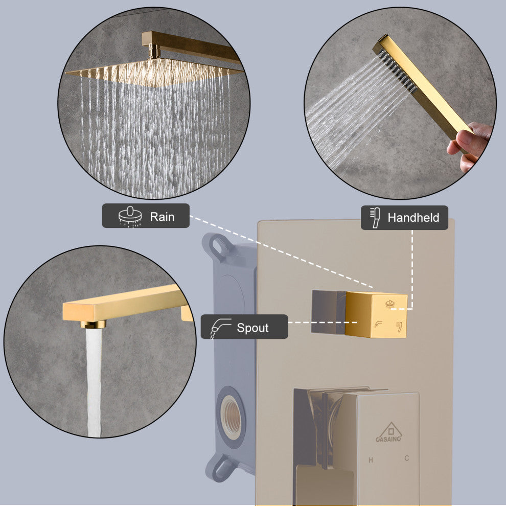 CASAINC 10" Wall Mounted Luxury Dual Rainfall Shower System Kit w Bathtub Spout, Gold