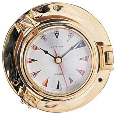 5.5" Polished Brass Quartz Porthole Clock With Nautical Flag Face