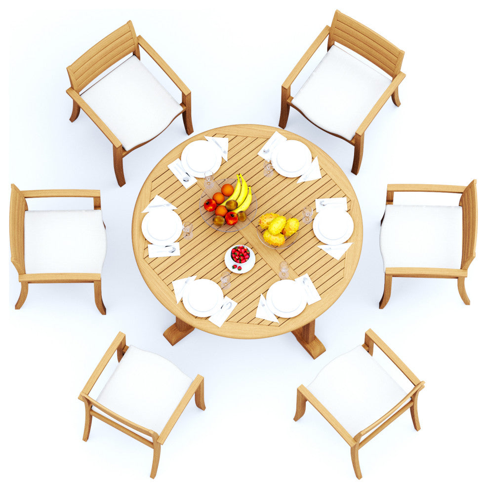 7-Piece Outdoor Teak Dining Set, 60" Round Table, 6 Travota Stacking Arm Chairs