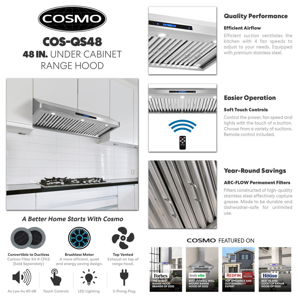 Cosmo Ducted Under-Cabinet Range Hood  48"� Stainless Steel