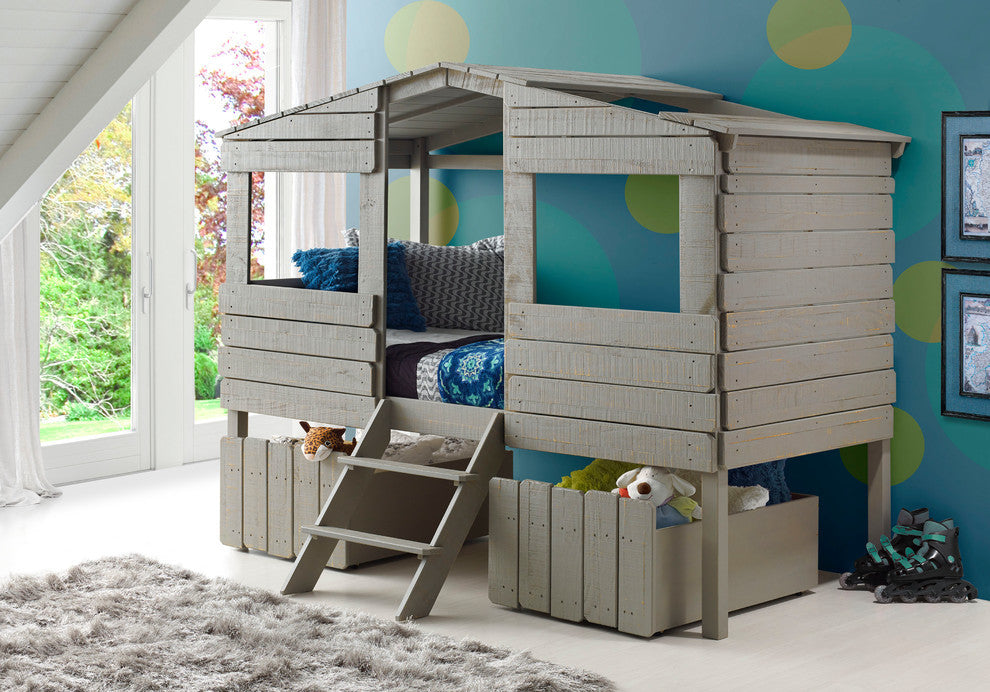 Donco Kids Archie Twin Treehouse Loft Bed With 2 Under Bed Drawers, Rustic Sand