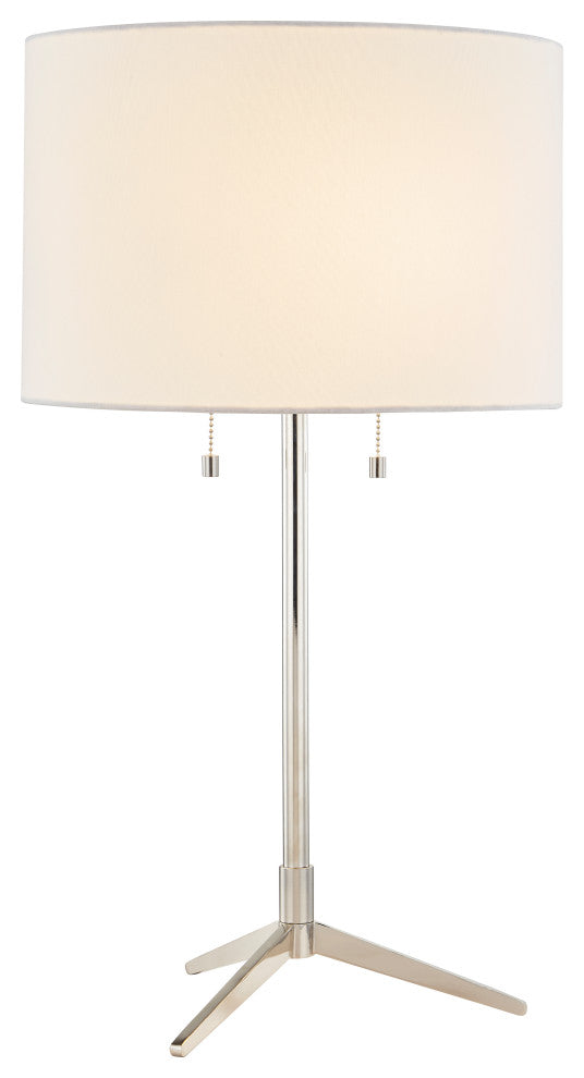 Polished Nickel Frame and Painted Gray With Linen Drum Shade Table Lamp