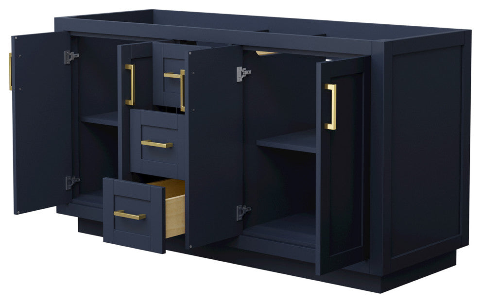 60" Double Bathroom Vanity, Dark Blue, No Countertop, No Sink, Gold Trim