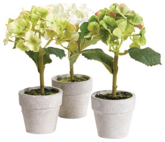 Set 12 Mini Hydrangea Faux Floral Plants in Pots Rustic Gift White Flowers