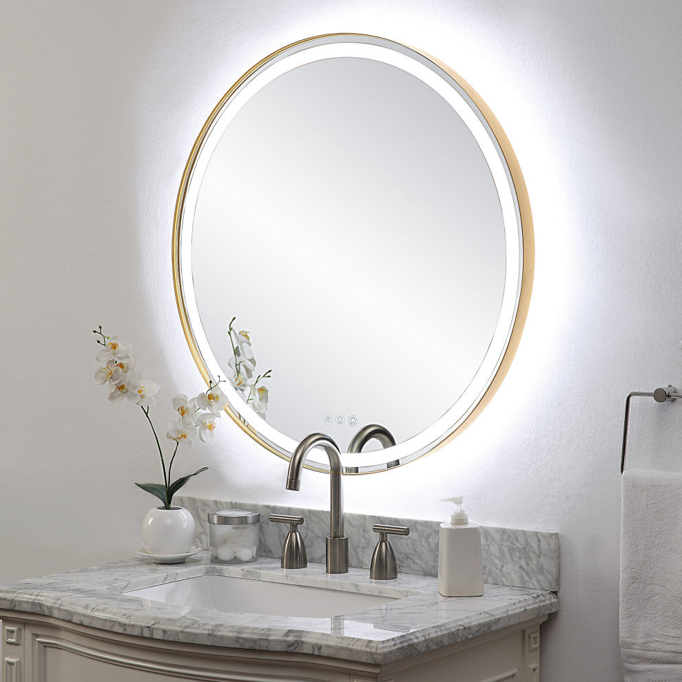 Crofton Lighted Brass Round Mirror