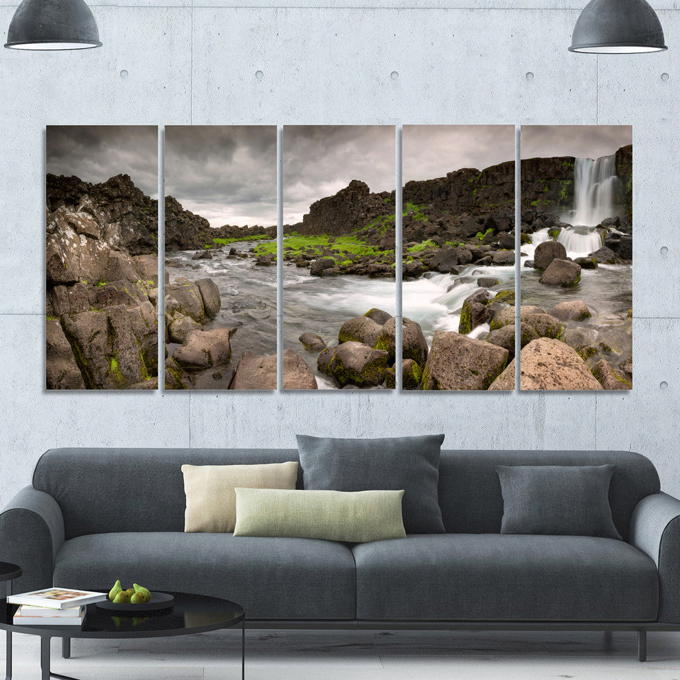 Dramatic Oxarafoss Waterfalls, Abstract Art on Canvas, 60"x28", 5 Panels
