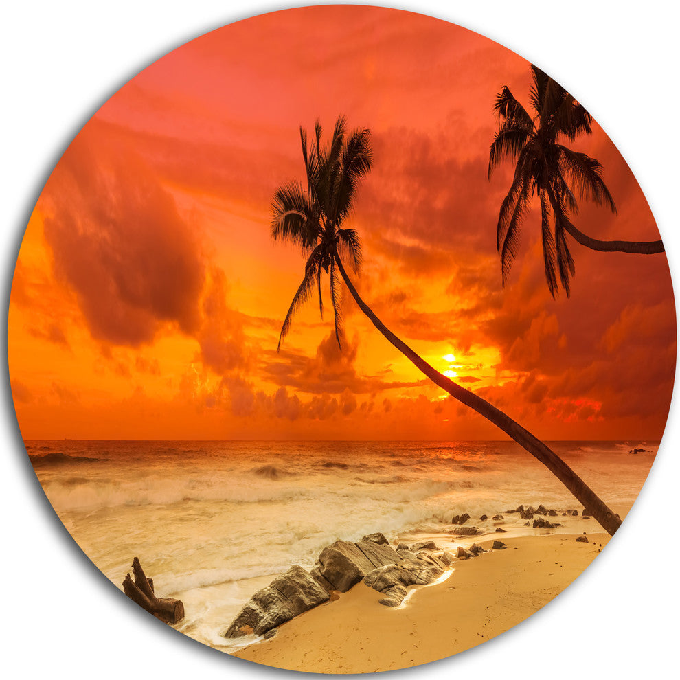 Palms Silhouettes Bent To Seashore, Seashore Disc Metal Wall Art, 38"