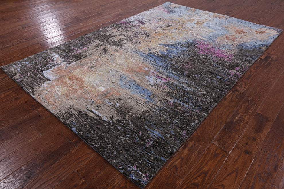 Abstract Wool and Silk Hand Knotted Rug 5' 11" X 9' 2" Q6855