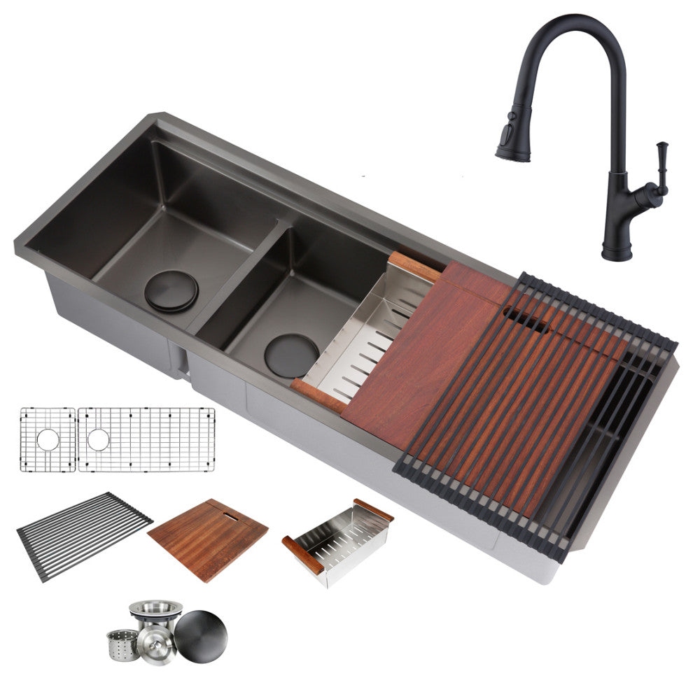 Workstation 48" Undermount Double Bowl Black Kitchen Sink With Faucet