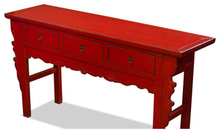 Vintage Distressed Red Elmwood Oriental Console Table with Drawers