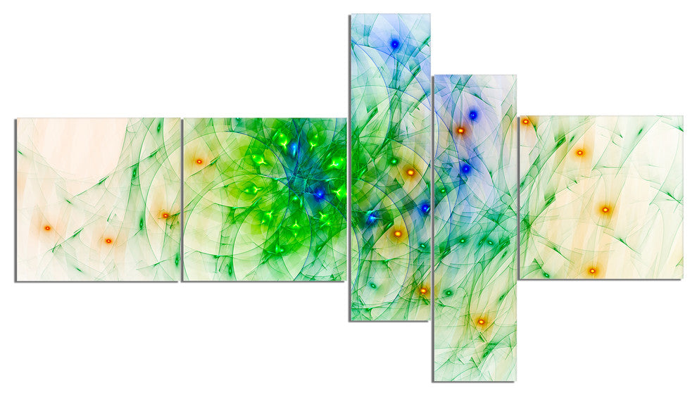 Green Outline of Fractal Colors, Abstract Wall Art Canvas, 60"x32", 5 panels