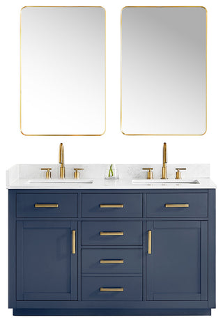 Gavino Vanity with Grain White Composite Stone Top, Royal Blue/Brushed Gold, 54", with Mirror
