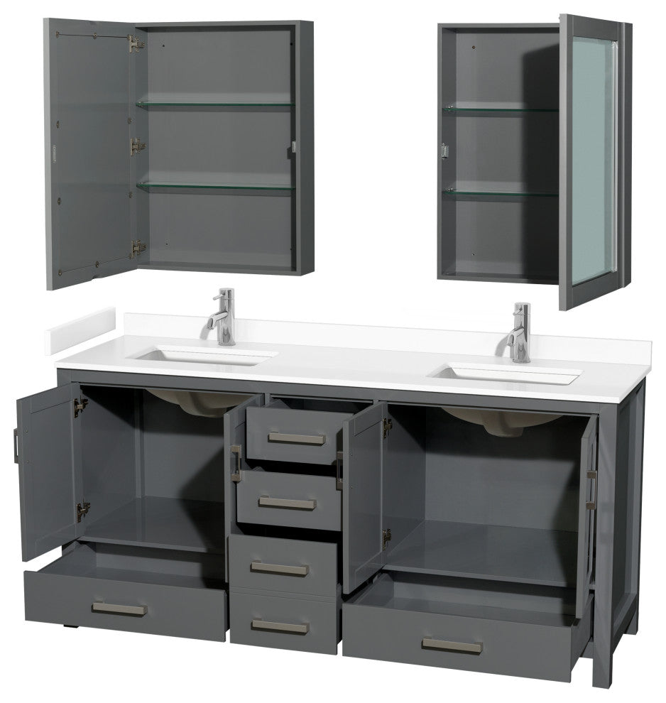 72"DBL Vanity Dark Gray, White Cult. Marble Countertop, Sinks, Med. Cabinets