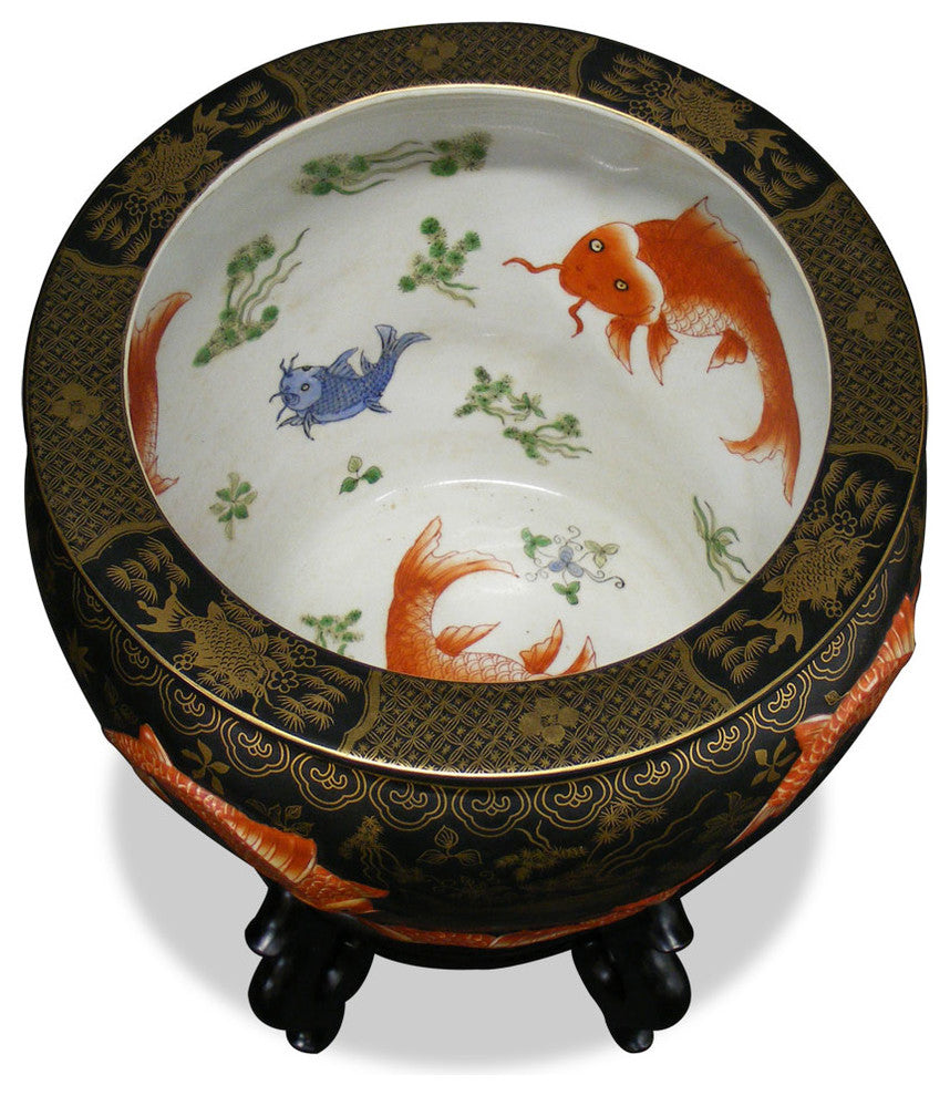 12 Inch Porcelain Koi Fish Motif Chinese Fishbowl Planter, With Stand