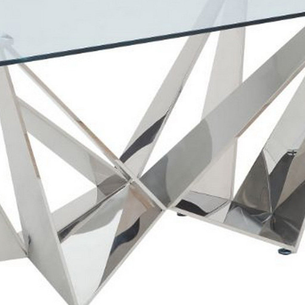 Benzara BM261725 Dining Table With Overlapped Metal Geometric Accent, Silver