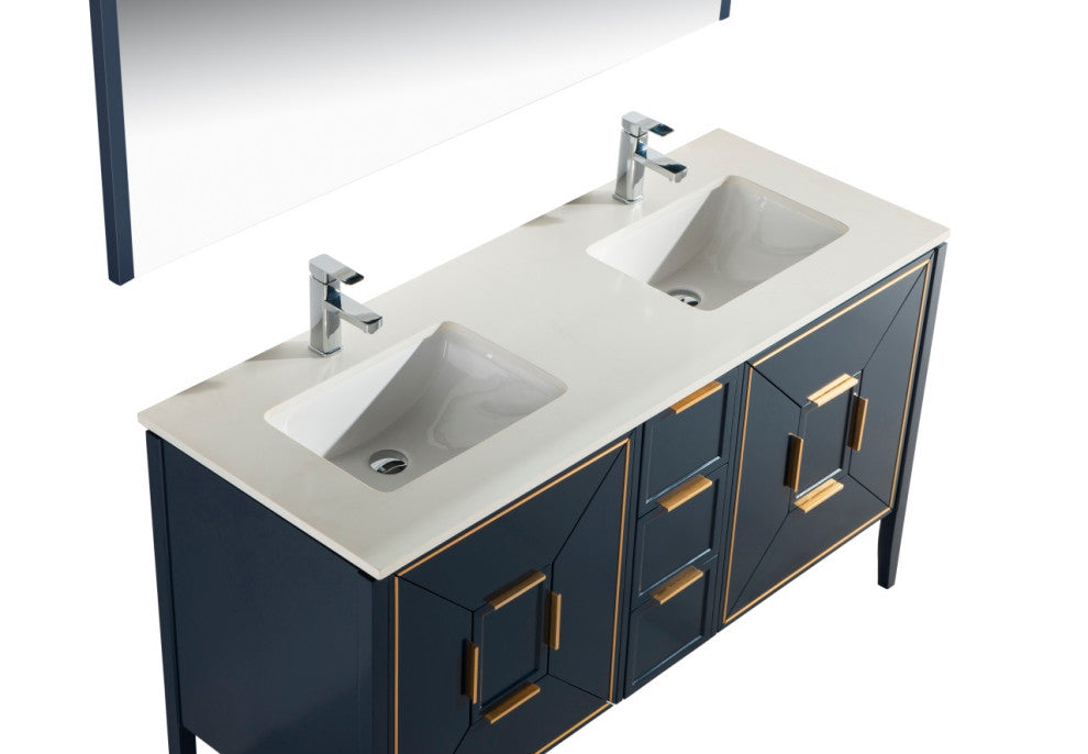 Vetro 60" Vanity With Quartz Counter Top, Gloss White, Navy Blue